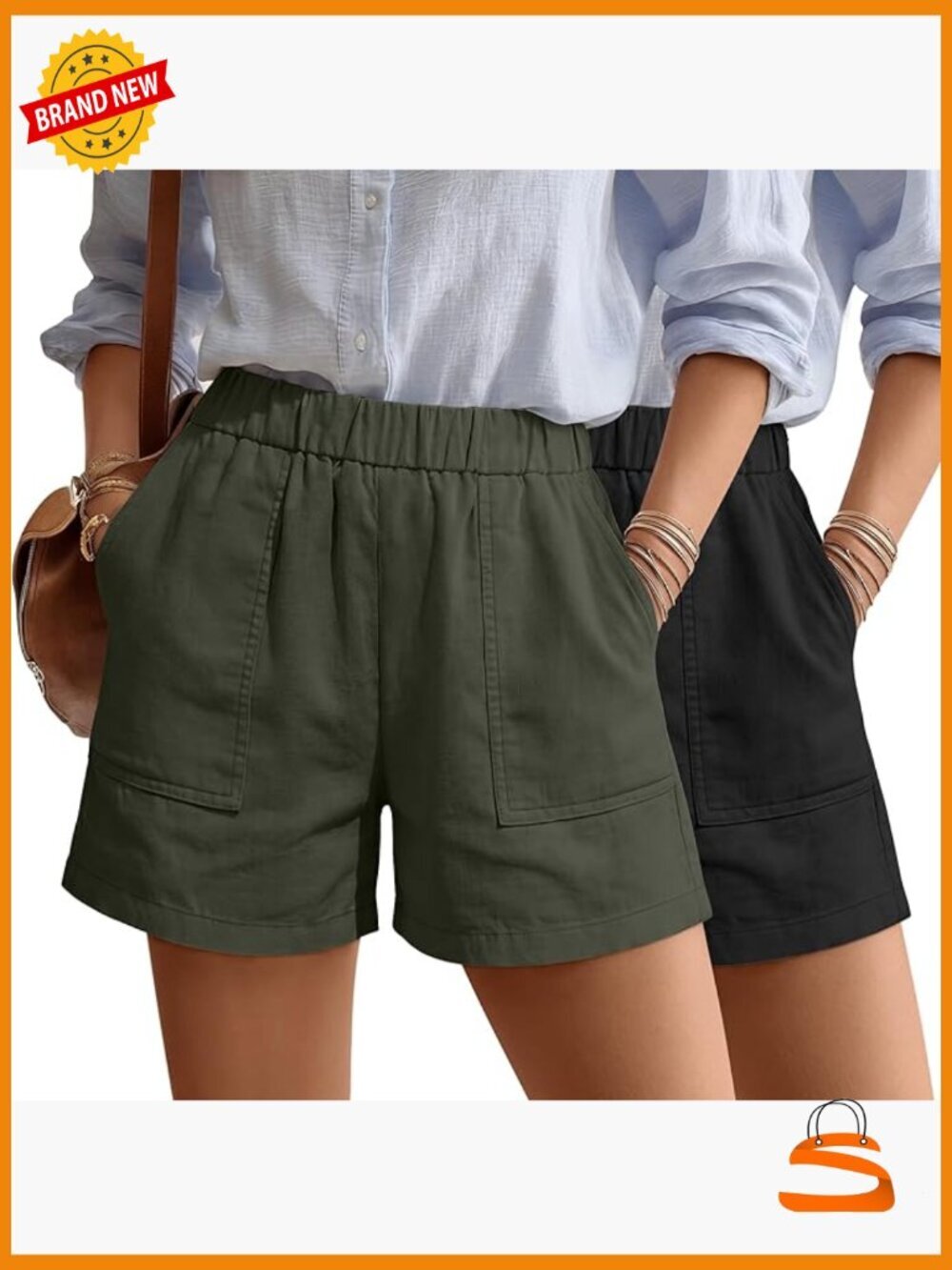 2 Pack Linen Shorts Elastic Waist Casual Summer Beach Shorts with Pockets
